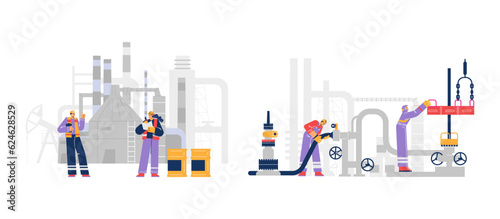 Factories for oil and gas production set, flat vector illustration isolated.