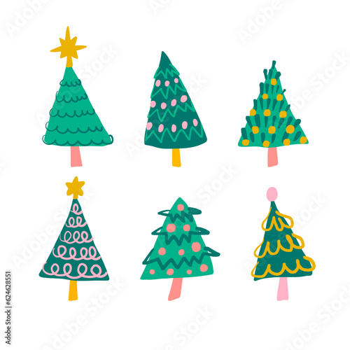 Set of cute colorful Chrsitmas trees with decorations. Holiday season hand drawn vector illustration. Winter illustration. Xmas trees collection.