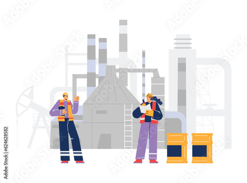 Man and woman in helmets and special uniform, oil industry workers flat style
