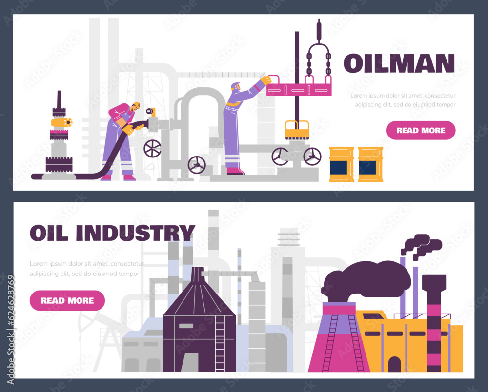 Set of website banner templates about oil industry flat style, vector illustration
