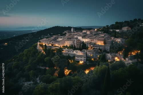 Canvastavla Medieval fortified hilltop town of Saint Paul de Vence in France at dusk, viewed from observation point