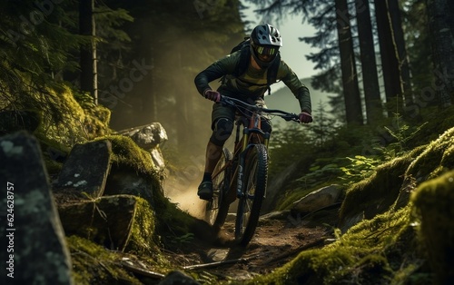 A man riding a mountain bike on a challenging rocky trail. AI