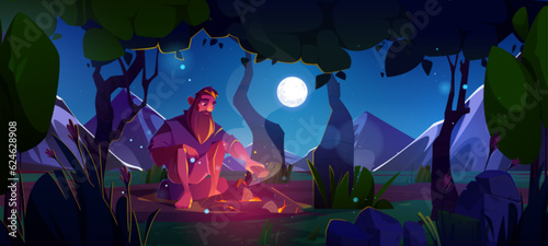Man in forest at night near fire on meadow vector landscape. Full moon and star in dark sky outdoor environment illustration. tourist lost alone in paradise valley location painting travel scene
