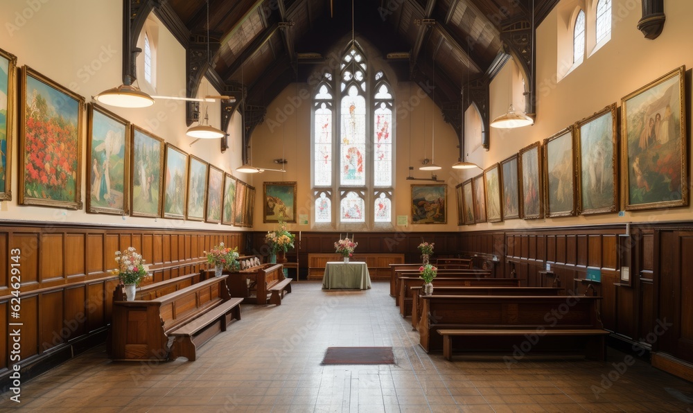 The church hall's walls are adorned with masterful paintings Creating using generative AI tools