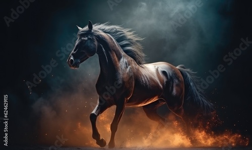 A striking black background sets the stage for a powerful fiery horse. Creating using generative AI tools © uhdenis