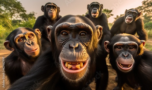 Capture the playful spirit of a chimpanzee in a delightful selfie moment. Creating using generative AI tools