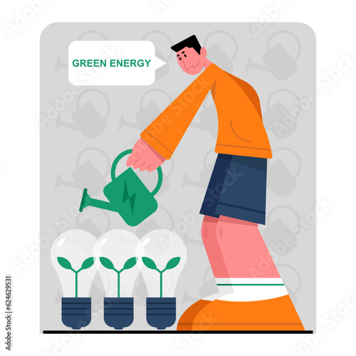 Young male watering bulbs. Energy consumption in household. Characters using energy efficient devices. Power save concept. Flat vector illustration in cartoon style