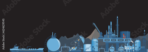 Gas and oil industry extraction platform Banner with Outbuildings, Oil storage tank. Poster Brochure Flyer Design. Vector Illustration EPS10
