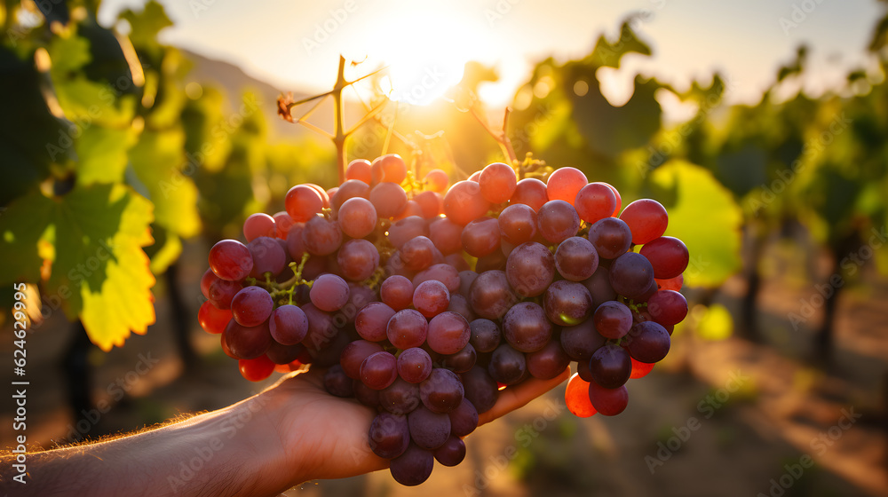 Rotweintrauben frisch geerntet. Der Bauer hält die Trauben noch am Weinhang in seiner Hand