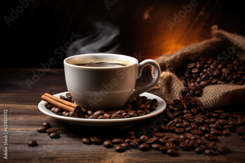 Cup of coffee with smoke and coffee beans on old wooden background. Generative AI