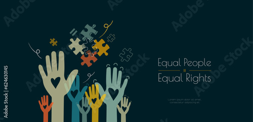 Equal People = Equal Rights. Social banner with raised hands.