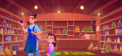 Larder interior with woman and daughter holding jam jar cartoon background. Home storeroom with family preservation product storage. Kid together with woman in basement room location game scene