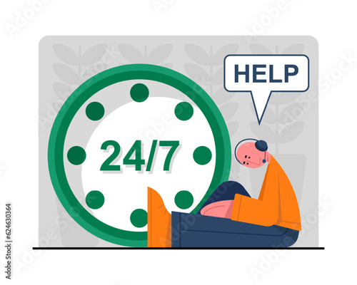 Man with headphones sitting near big clock and sleep. Customer service, hotline operators, technical global support, customer support department staff. Flat vector illustration in cartoon style