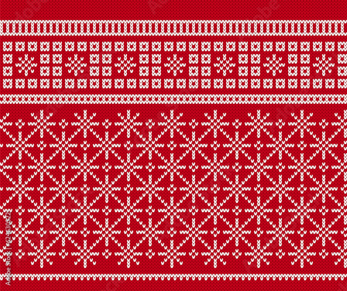 Knitted Xmas seamless background. Christmas knit pattern sweater texture. Festive winter red print with snowflakes. Set of holiday fair traditional ornaments. Vector illustration.