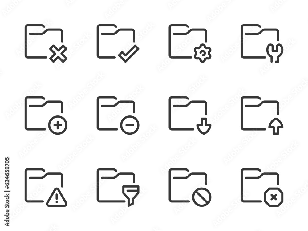 Folder configurations and Data directory vector line icons. Archive of Files and Documents outline icon set.