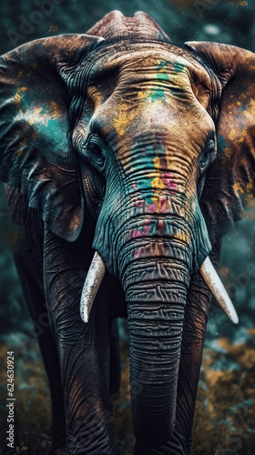 Old Elephant with colorful powder created with Generative AI