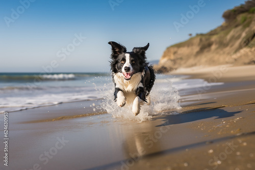 Running Border Collie on Beach created by Generative AI.
