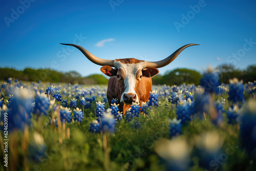 Texas Longhorn in Bluebonnet field created by Generative AI