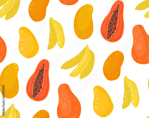 Simple vector pattern with mango, bananas and papaya isolated on white background. Texture with tropical fruits for fabrics, wallpapers.
