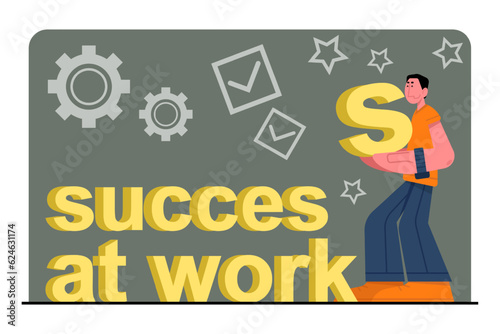 Male standing near success at work text. Handsome employee move up career ladder and achieve goals by successfully completing tasks. Flat vector illustration in cartoon style