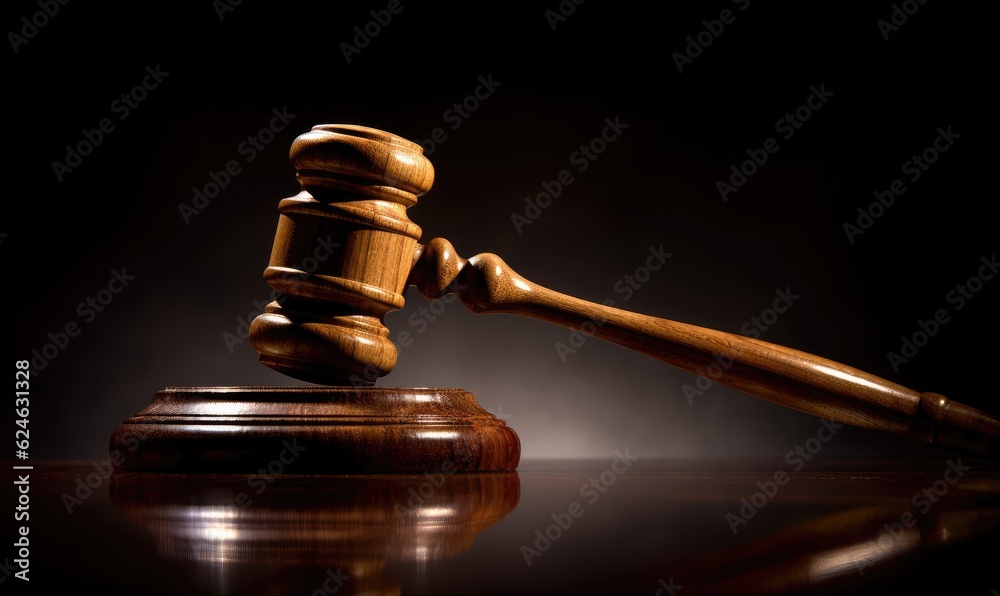 Wooden judge gavel and soundboard, the mallet of the judge on low light background. The hammer of Law and justice. Generative AI Wooden judge gavel and soundboard, the mallet of the judge on low light background. The hammer of Law and justice. Generative AI