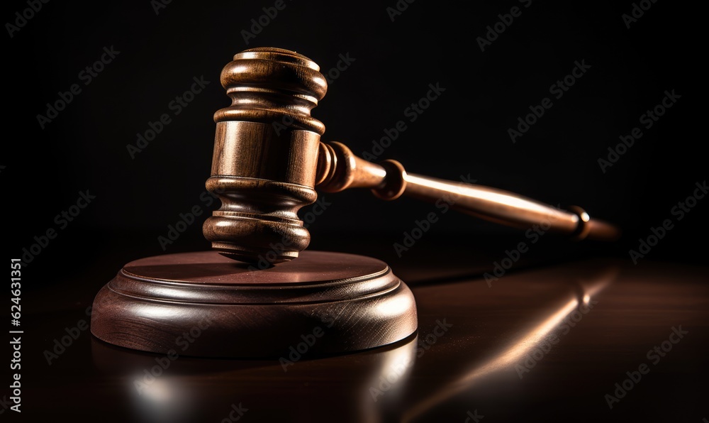 Wooden judge gavel and soundboard, the mallet of the judge on low light background. The hammer of Law and justice. Generative AI Wooden judge gavel and soundboard, the mallet of the judge on low light background. The hammer of Law and justice. Generative AI