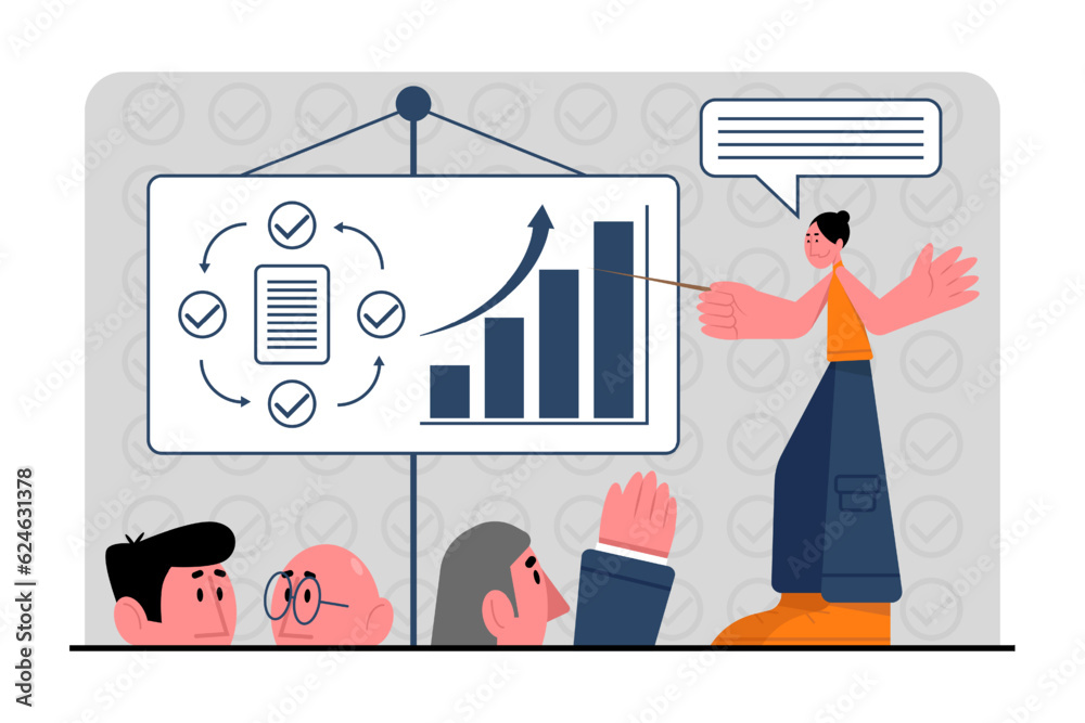 Woman standing near board with chart and diagram and making presentation. Colleagues meet and talk about work stuff. Flat vector illustration in cartoon style in orange and blue colors Woman standing near board with chart and diagram and making presentation. Colleagues meet and talk about work stuff. Flat vector illustration in cartoon style in orange and blue colors