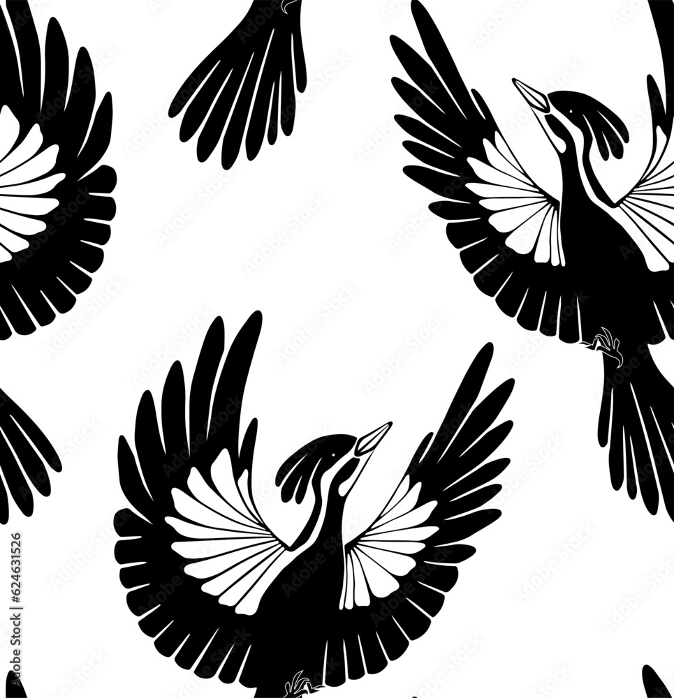 Fototapeta premium Seamless vector pattern of woodpeckers silhouettes. Texture with black stylized bird on white background. Surface design. Ornithology background