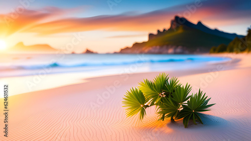 Summer sandy beach with blur ocean on background. Small palm leaves on foreground.