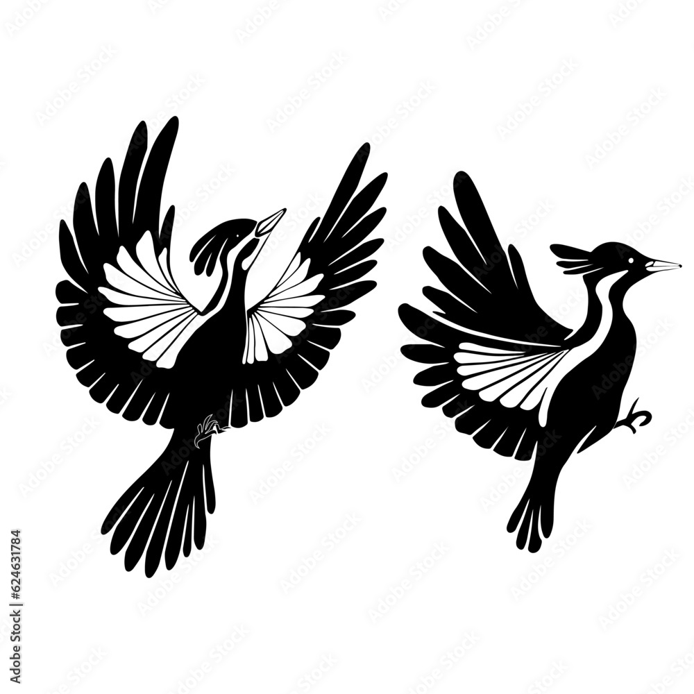 Fototapeta premium Vector set of woodpeckers silhouettes. Black stylized bird clipart isolated from background. Design elements