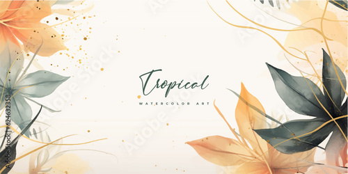 Abstract art gold tropical leaves background vector. Luxury wallpaper with watercolor, tropical leaf framed, palm leaf, flower,Vivid foliage, exotic green and gold brush glitter.
