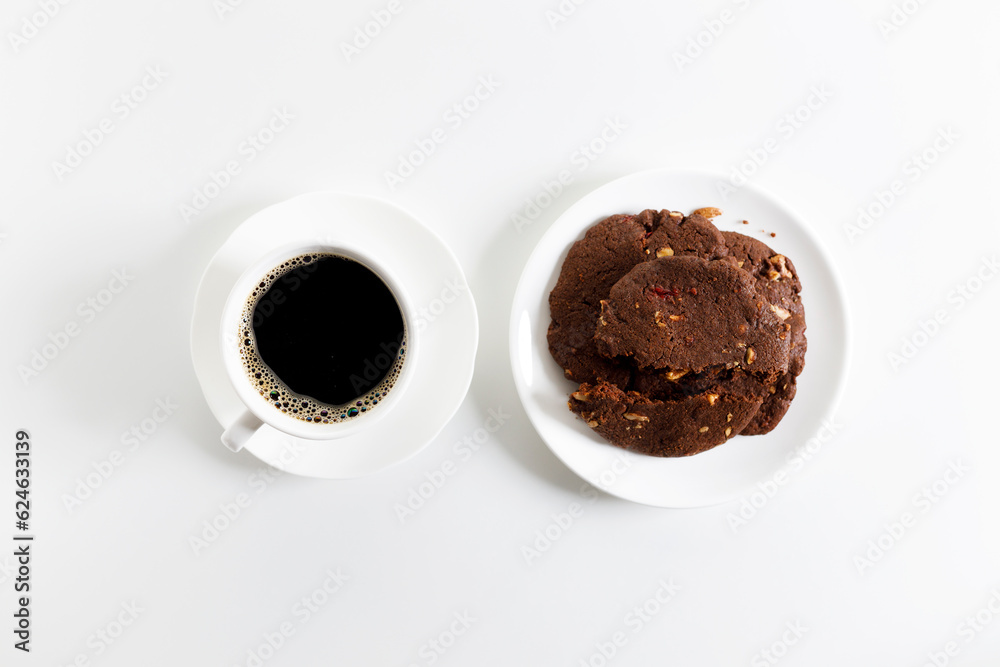 Coffee cup and cookies on white background. Coffee cup and cookies on white background.