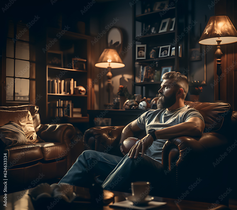 Obraz premium A Man sitting on a Couch Chair watching Football created with Generative AI