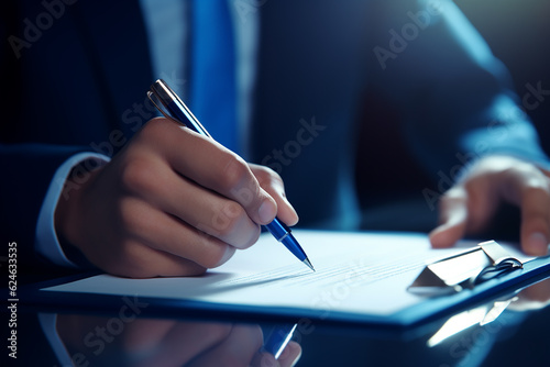 Businessman use pen to tick correct sign mark in checkbox for quality document control checklist and business approve project concept with Generative AI technology. © Ajit