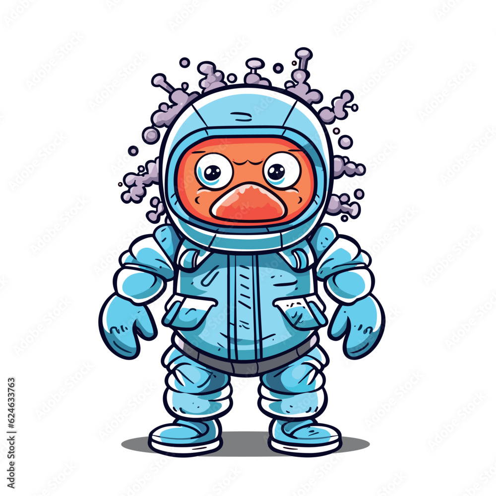 cartoon virus character wearing personal protective equipment