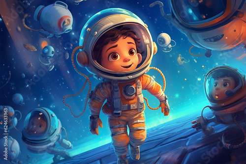 illustration of children, little boy becomes space astronaut