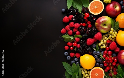 A colorful assortment of fresh fruits is displayed on a wooden table. AI