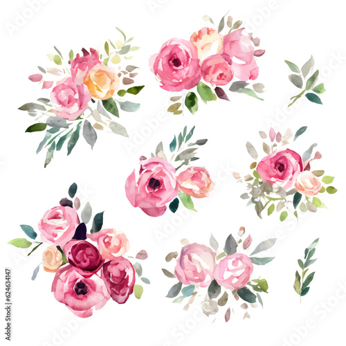 Retro roses, set watercolor flowers painting, floral vintage bouquets illustrations. Decoration for poster, greeting card, birthday, wedding design. Isolated on white background.