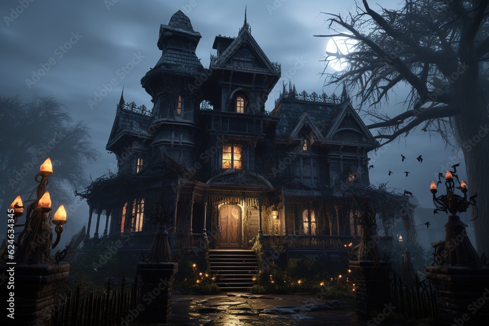 Spooky Victorian house designed for Halloween in the United States. Halloween Background. Generative AI