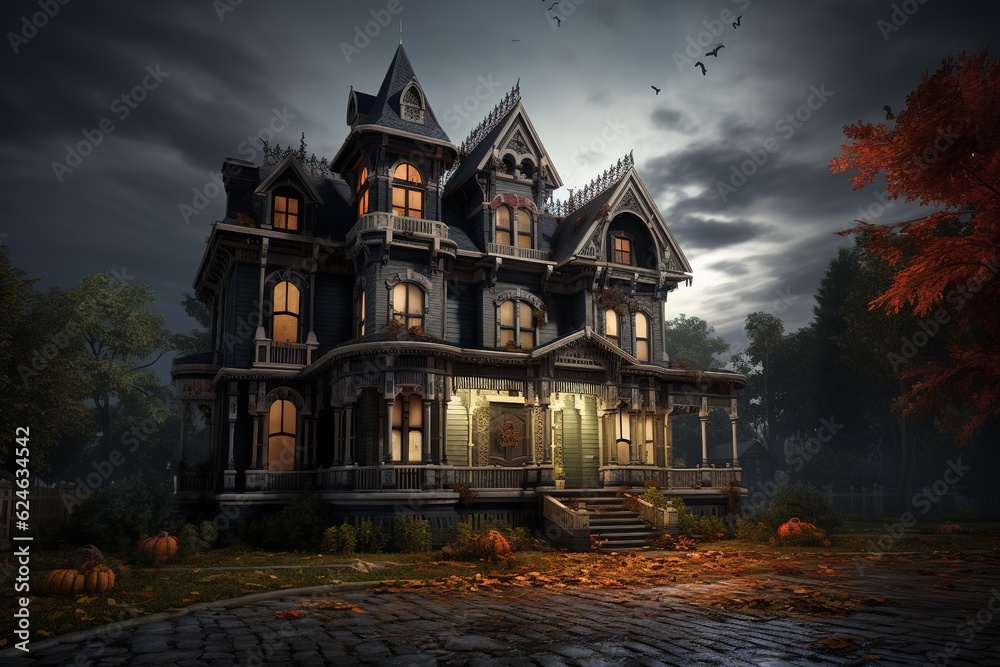 Spooky Victorian house designed for Halloween in the United States. Halloween Background. Generative AI