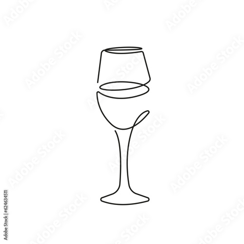 Continuous One Line Drawing of Wine Glass. Wineglass Line Art Style for Logos, Business Cards, Banners. Black and White Minimalist Vector illustration 