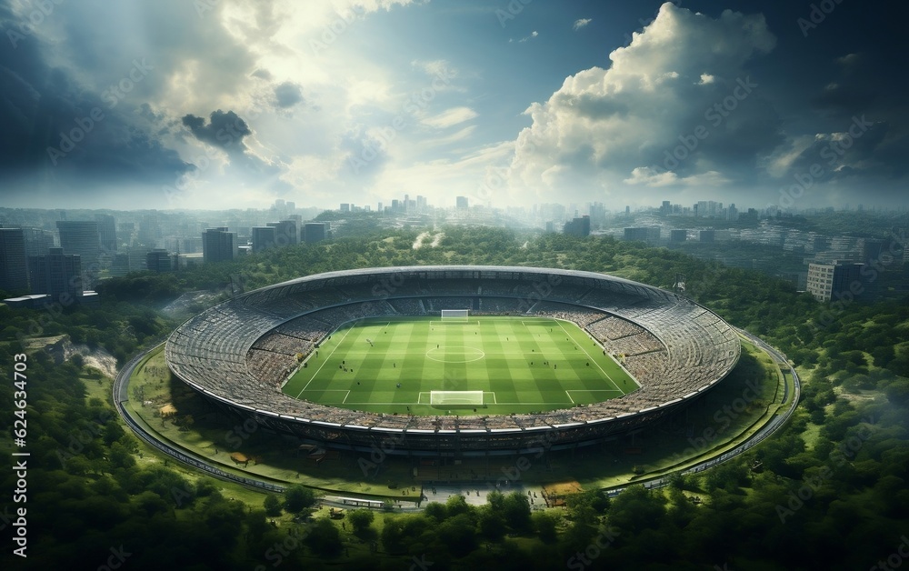 An aerial view of a soccer stadium. AI