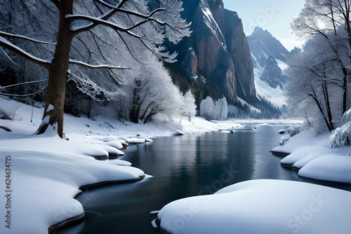 river in the mountains in snowy evening