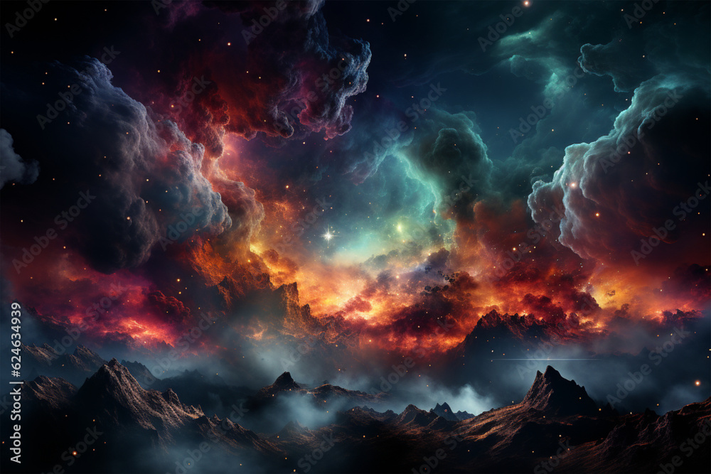 Fantasy landscape with colorful nebula and stars. 3D rendering
