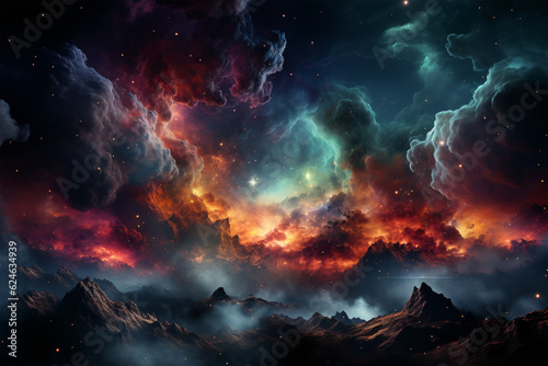 Fantasy landscape with colorful nebula and stars. 3D rendering