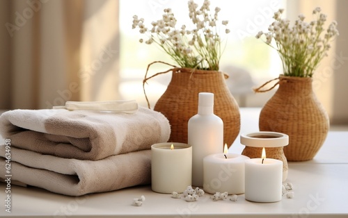 A spa table topped with towels and other items. AI