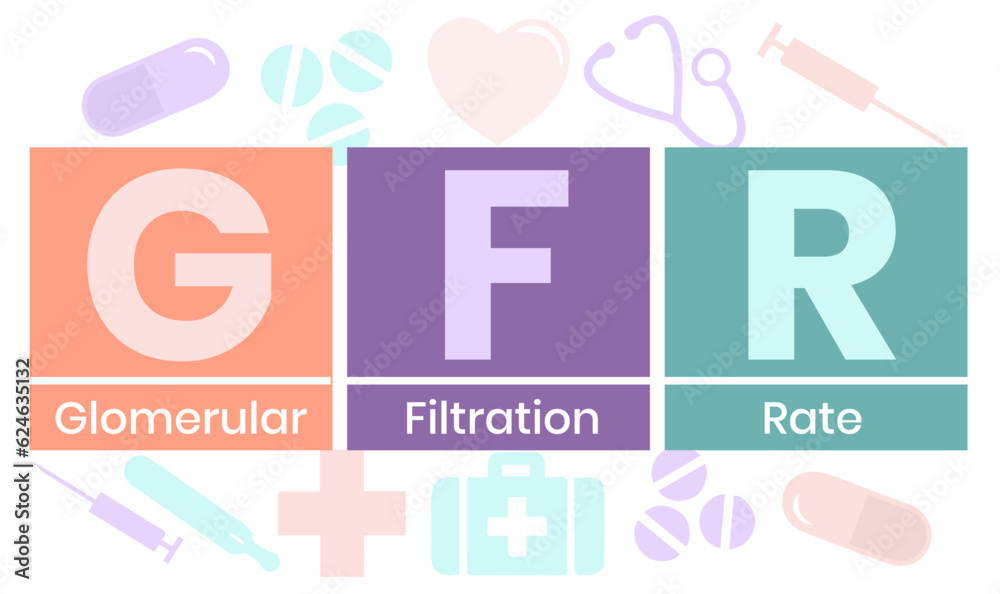 GFR - Glomerular Filtration Rate acronym. medical concept background. vector illustration concept with keywords. lettering illustration with icons for web banner, flyer, landing GFR - Glomerular Filtration Rate acronym. medical concept background. vector illustration concept with keywords. lettering illustration with icons for web banner, flyer, landing
