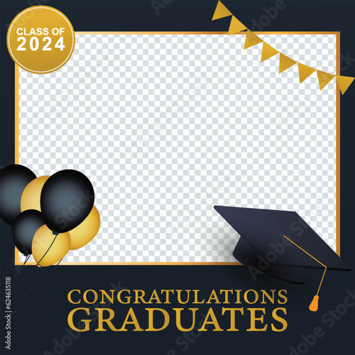 Graduation frame. Graduation party photo booth props. Frame with cap for grads. Concept for selfie. Photobooth vector element. Congradulation grad quote. Gold and black decoration for celebration