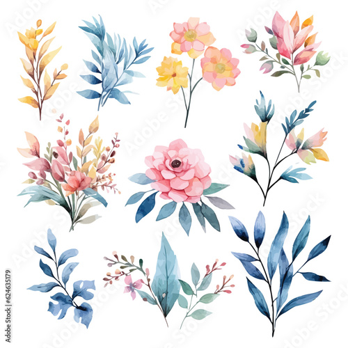 a set of watercolor flowers and leaves