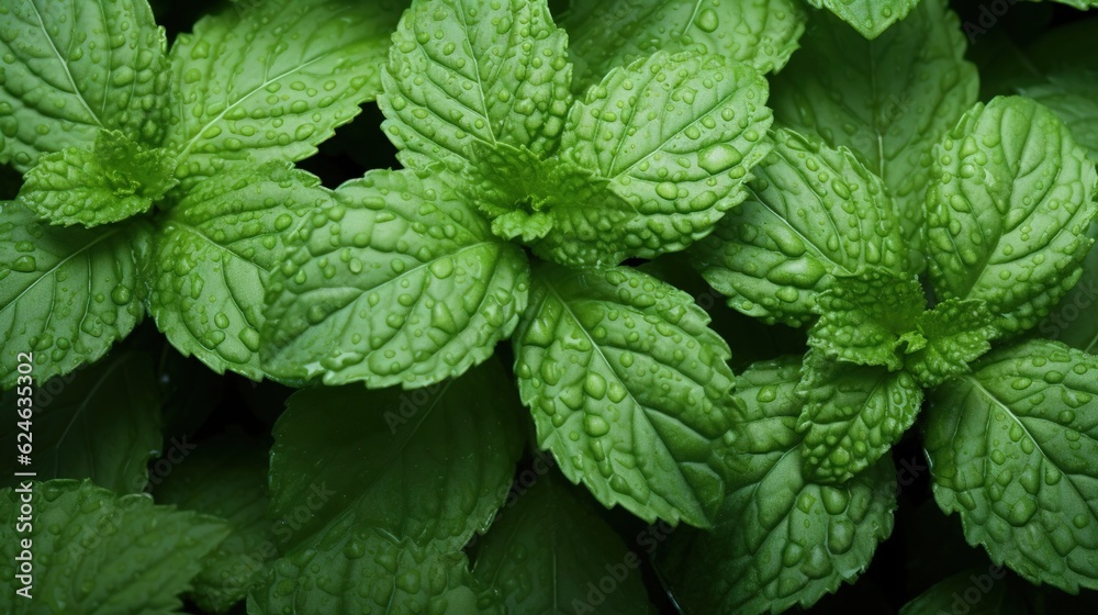 Macro of fresh mint leaves, background of nature. Created with Generative Ai technology. Macro of fresh mint leaves, background of nature. Created with Generative Ai technology.